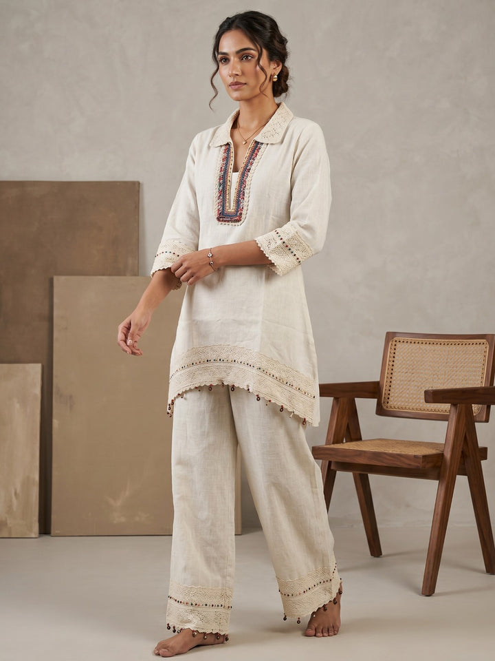 Beige Printed Cotton Blend V Neck Straight Kurta With Pant