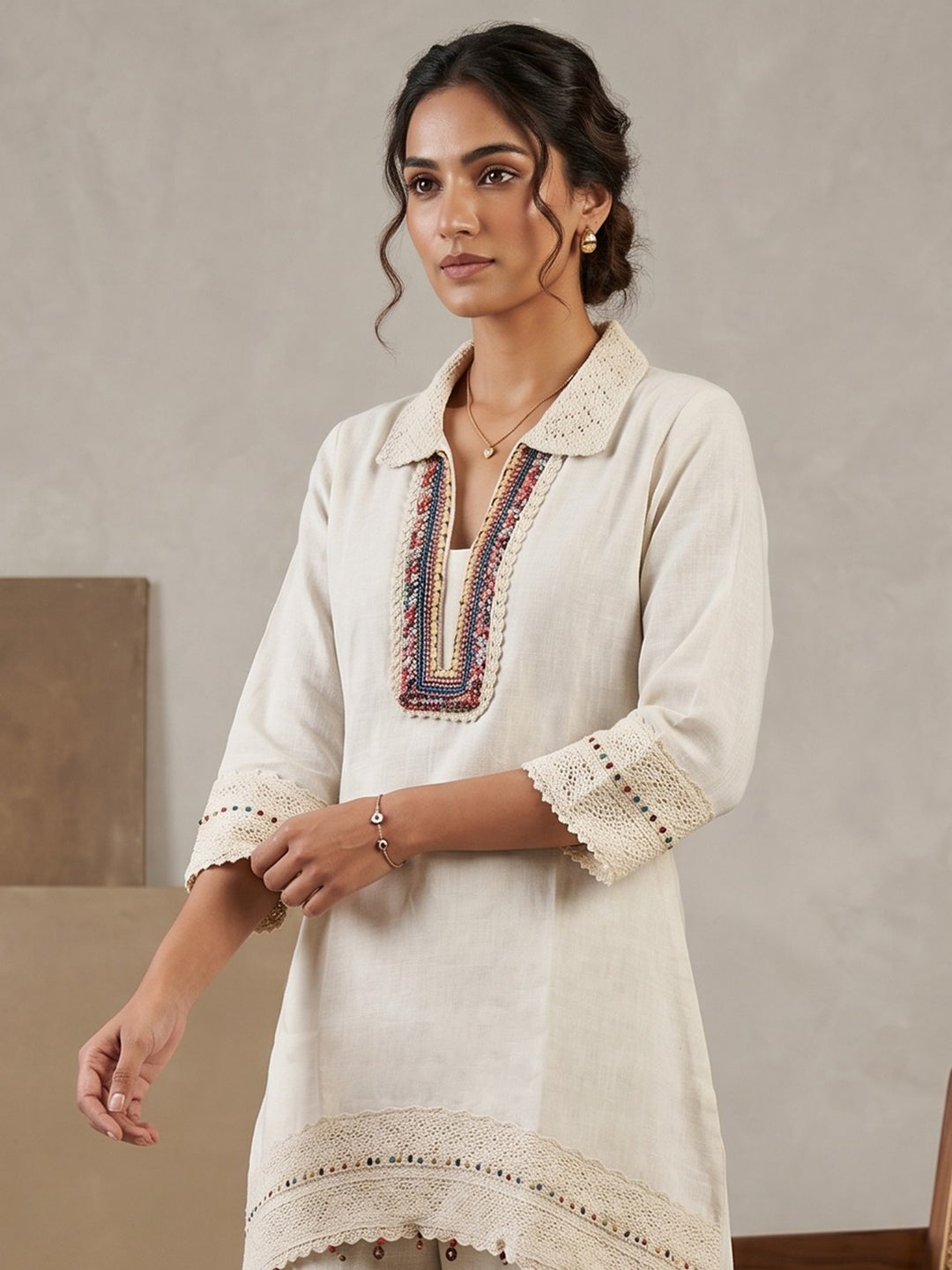 Beige Printed Cotton Blend V Neck Straight Kurta With Pant
