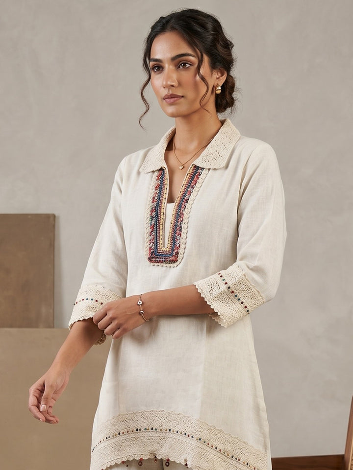 Beige Printed Cotton Blend V Neck Straight Kurta With Pant