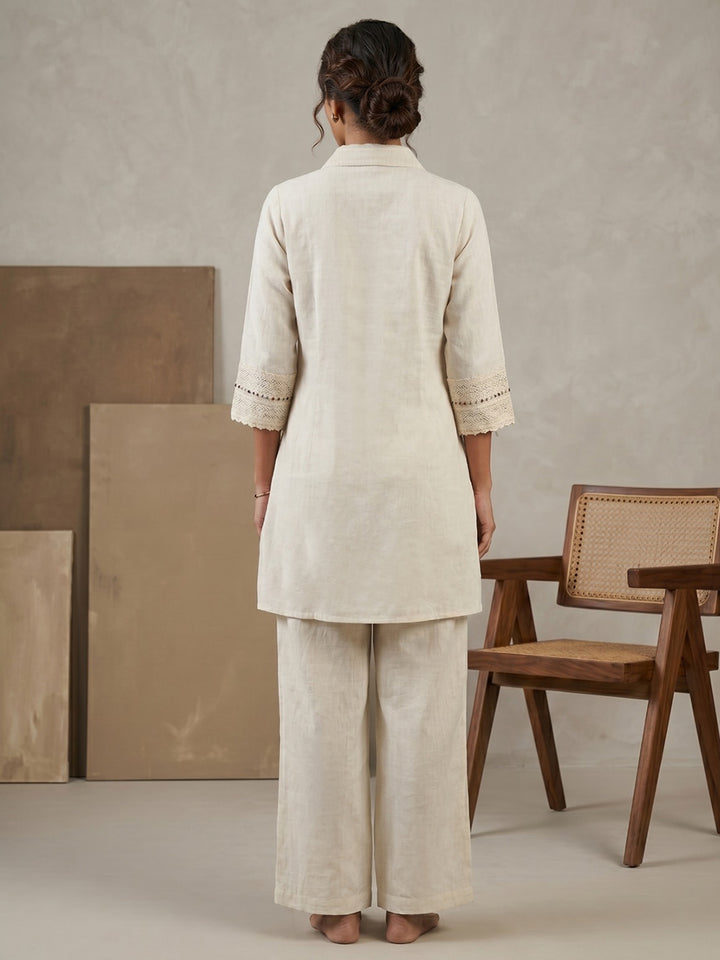 Beige Printed Cotton Blend V Neck Straight Kurta With Pant