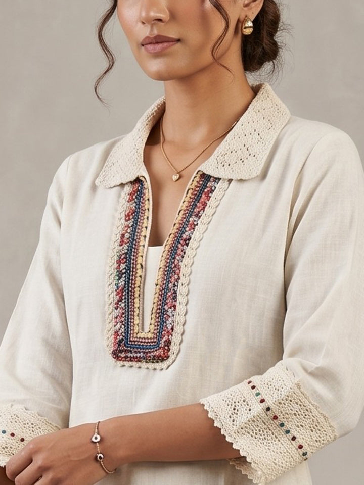 Beige Printed Cotton Blend V Neck Straight Kurta With Pant
