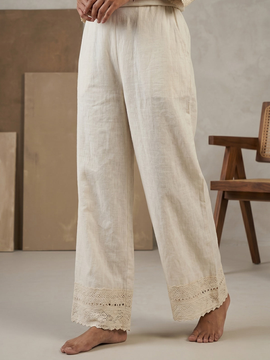 Beige Printed Cotton Blend V Neck Straight Kurta With Pant