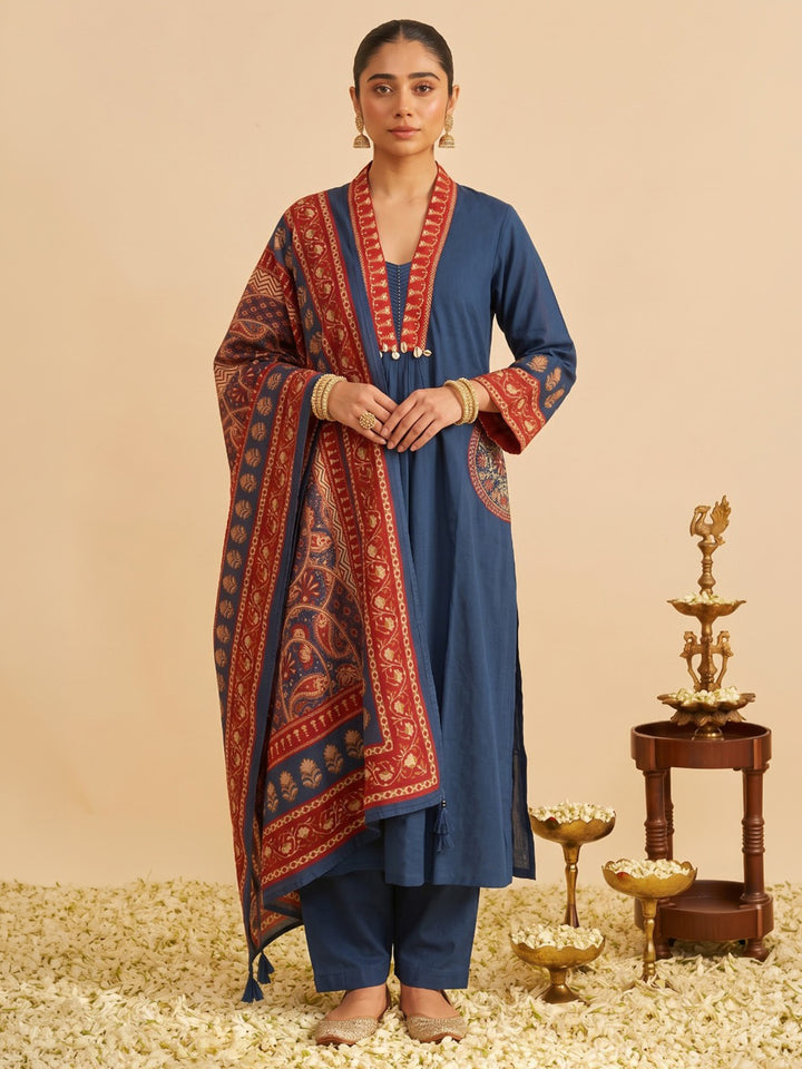 Blue Printed Cotton Blend Kurta With Pant &amp; Dupatta