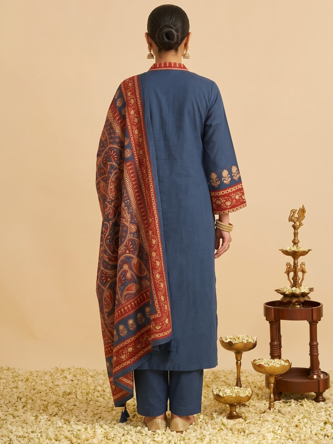 Blue Printed Cotton Blend Kurta With Pant &amp; Dupatta