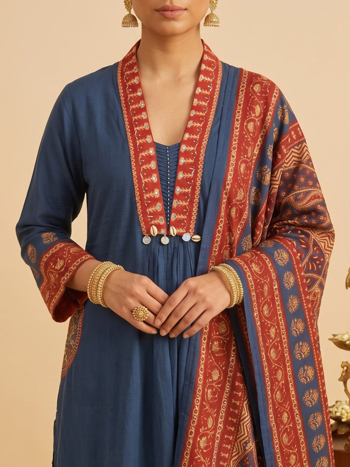 Blue Printed Cotton Blend Kurta With Pant &amp; Dupatta