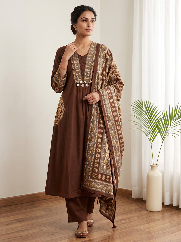 Brown Printed Cotton Blend Kurta With Pant &amp; Dupatta