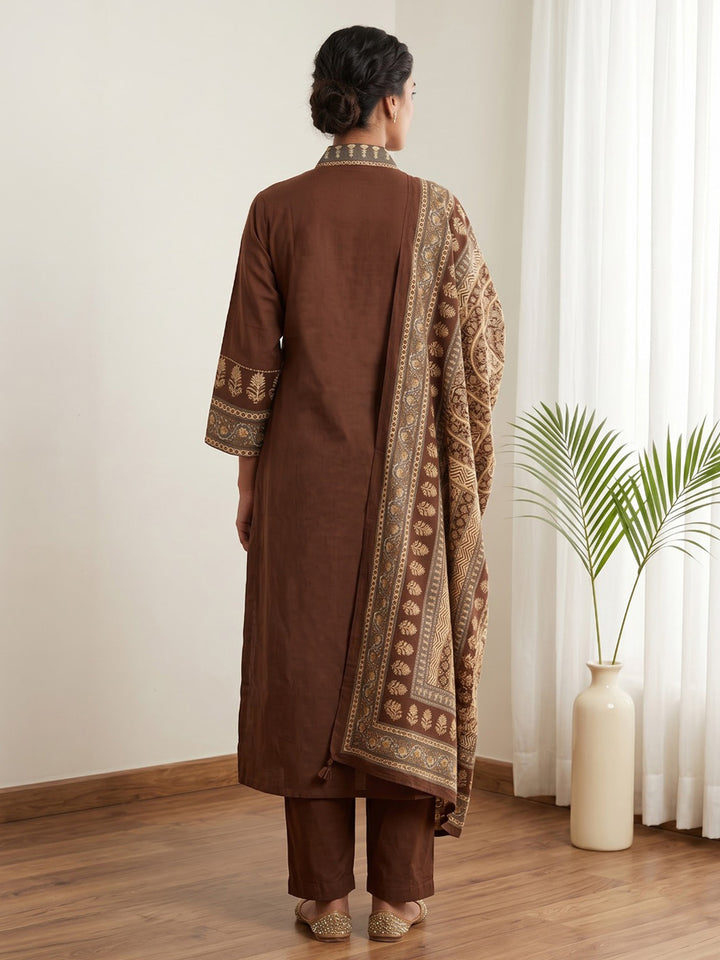 Brown Printed Cotton Blend Kurta With Pant &amp; Dupatta