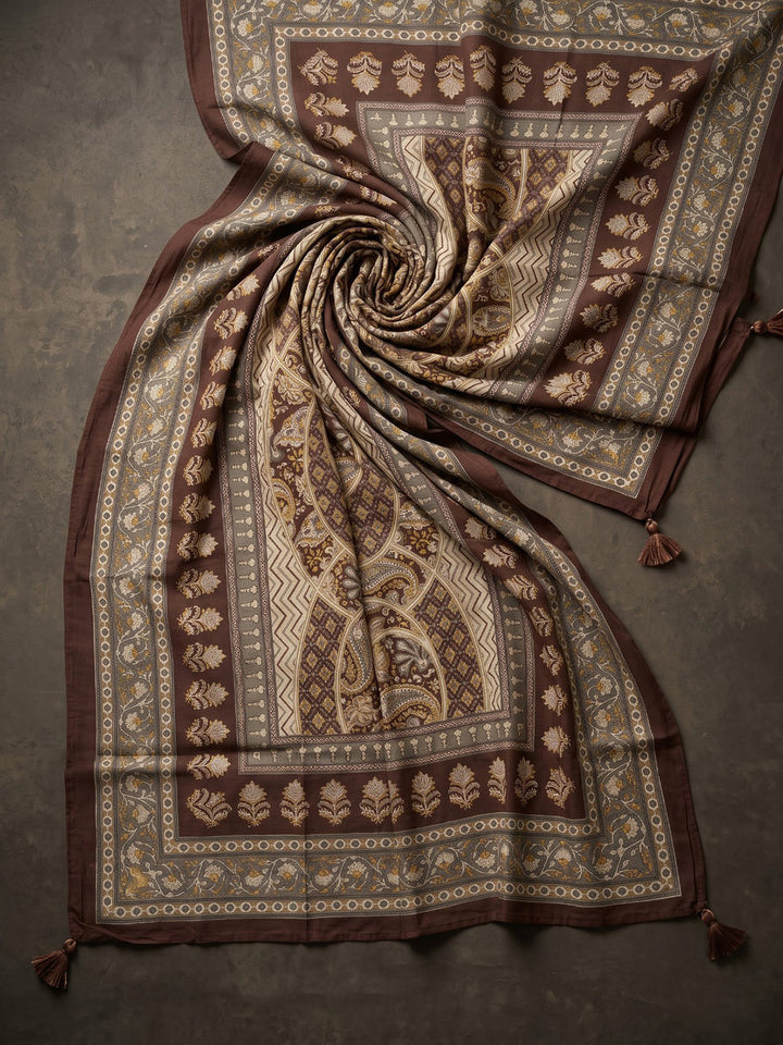 Brown Printed Cotton Blend Kurta With Pant &amp; Dupatta