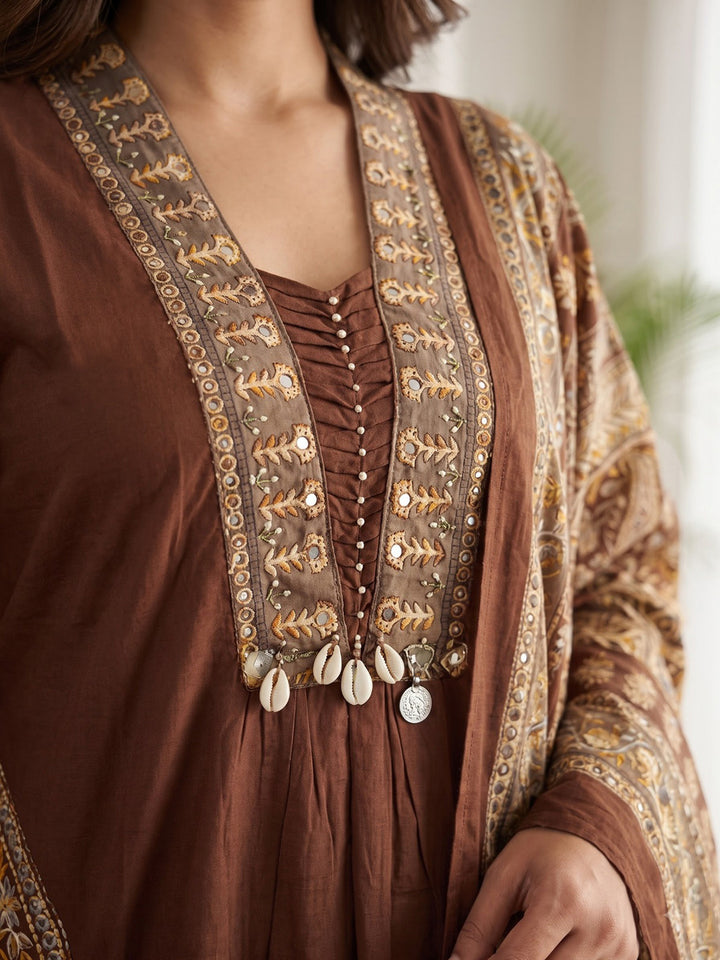 Brown Printed Cotton Blend Kurta With Pant &amp; Dupatta