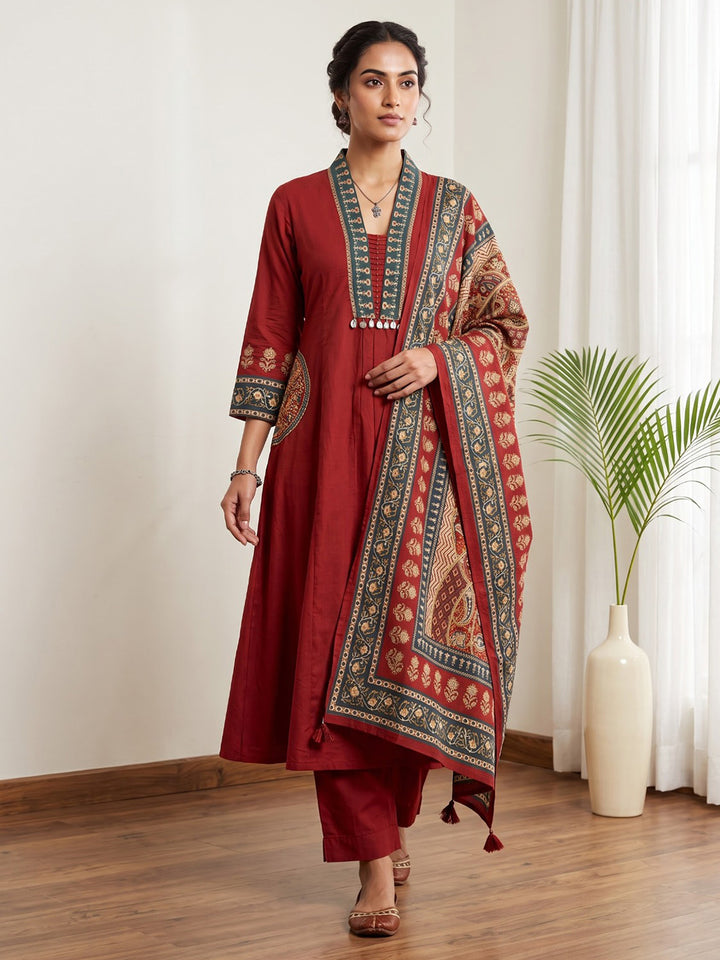 Maroon Printed Cotton Blend Kurta With Pant &amp; Dupatta