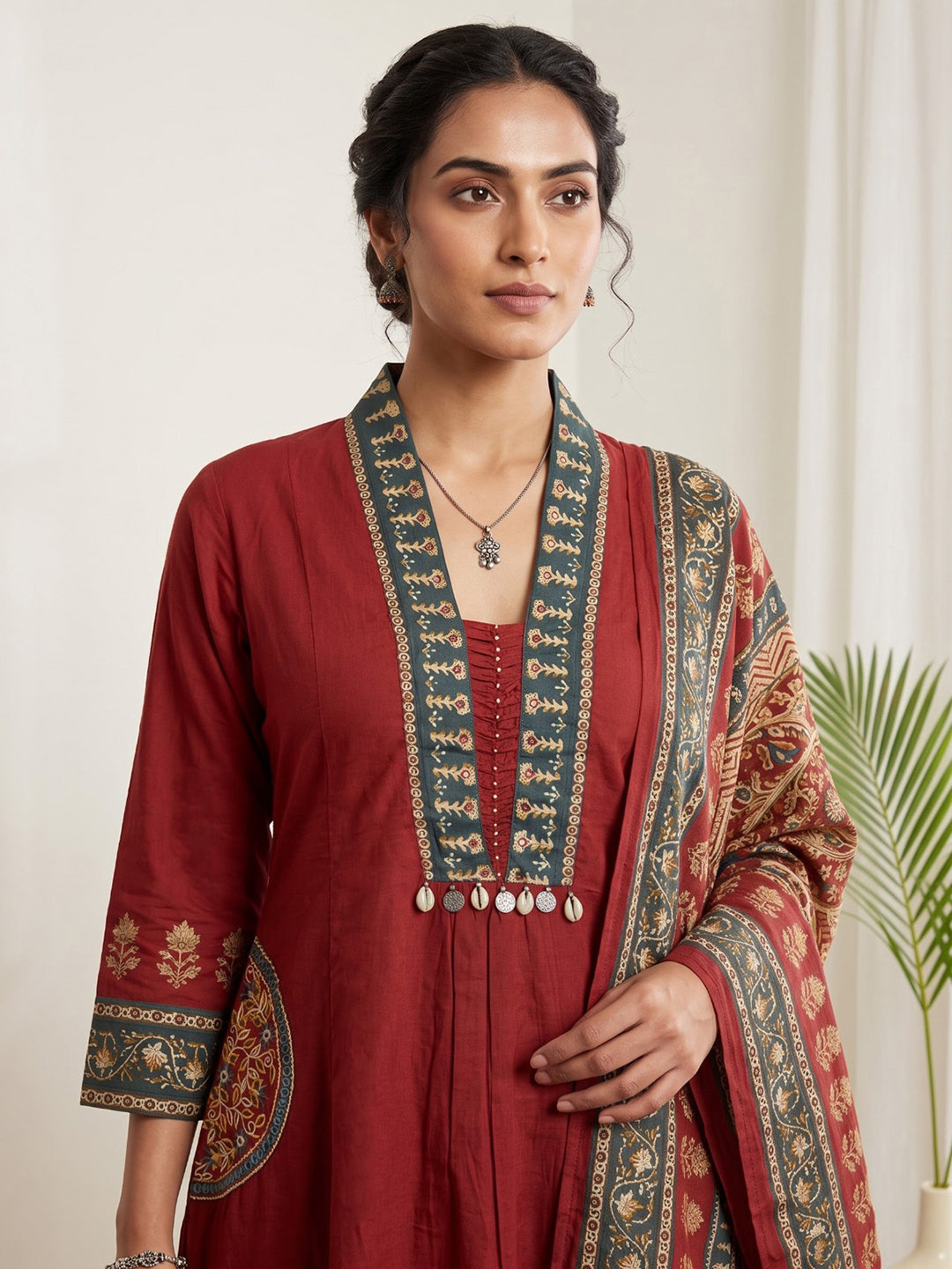 Maroon Printed Cotton Blend Kurta With Pant &amp; Dupatta