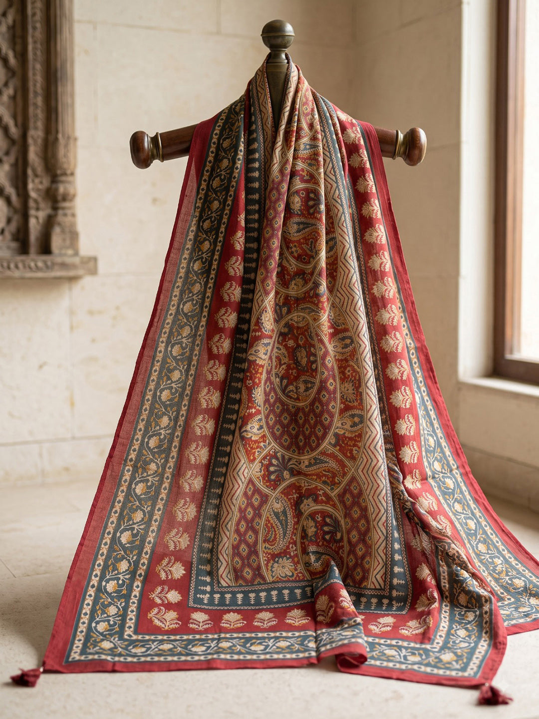 Maroon Printed Cotton Blend Kurta With Pant &amp; Dupatta