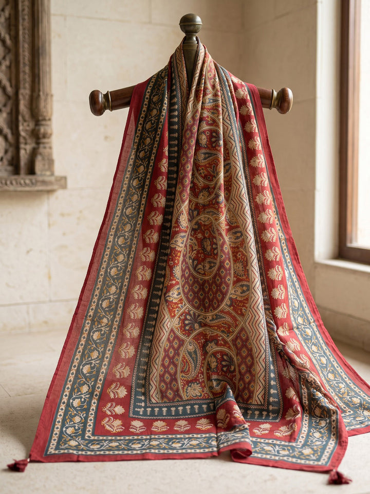 Maroon Printed Cotton Blend Kurta With Pant &amp; Dupatta
