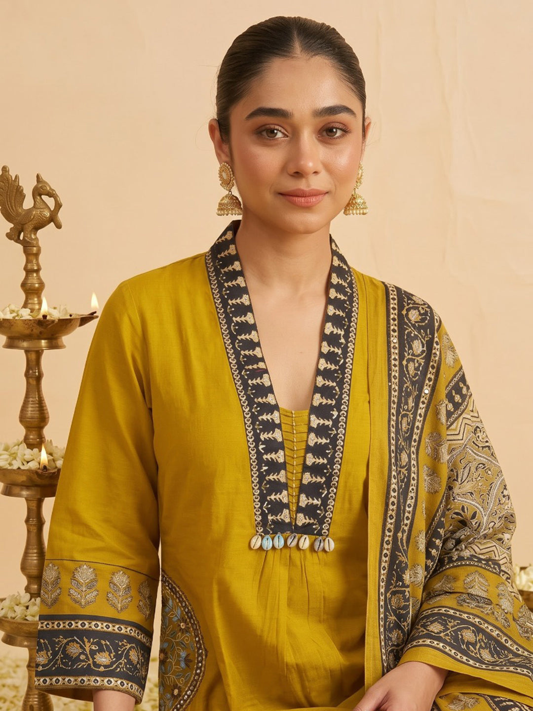 Yellow Printed Cotton Blend Kurta With Pant &amp; Dupatta