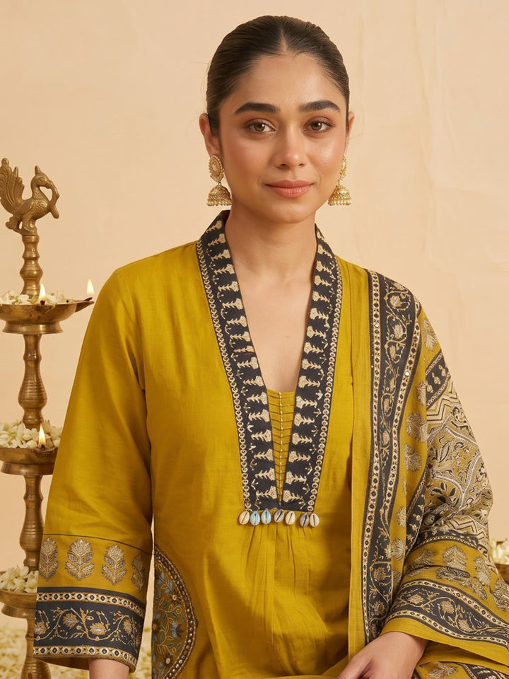 Yellow Printed Cotton Blend Kurta With Pant &amp; Dupatta