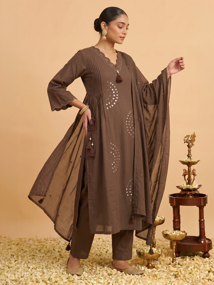 Brown Printed Cotton Blend Kurta With Pant &amp; Dupatta