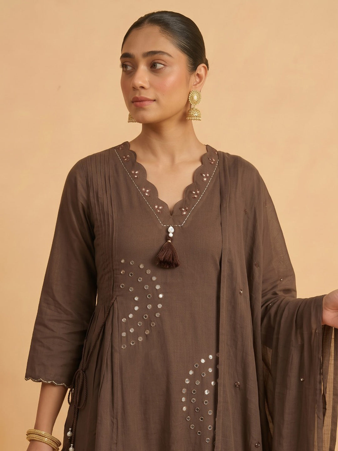 Brown Printed Cotton Blend Kurta With Pant &amp; Dupatta