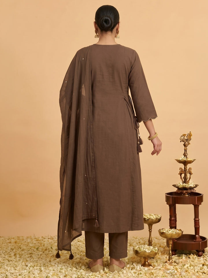 Brown Printed Cotton Blend Kurta With Pant &amp; Dupatta