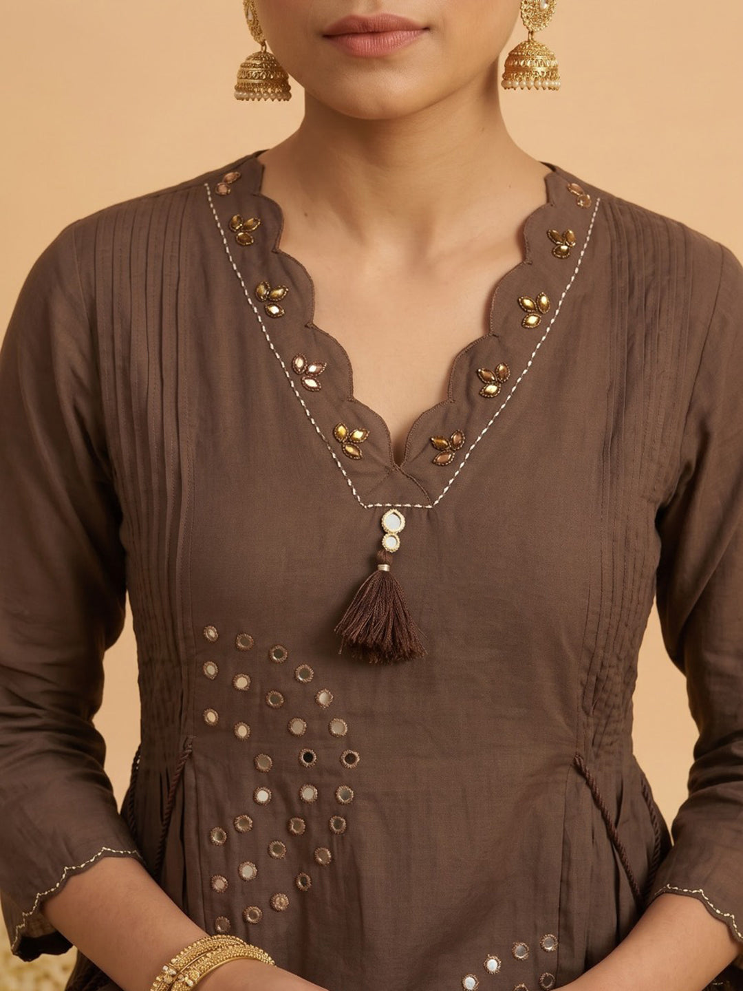 Brown Printed Cotton Blend Kurta With Pant &amp; Dupatta