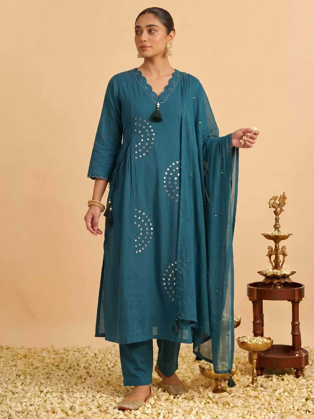 Teal Blue Printed Cotton Blend Kurta With Pant &amp; Dupatta