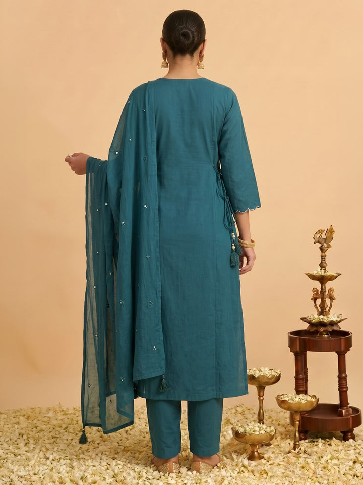 Teal Blue Printed Cotton Blend Kurta With Pant &amp; Dupatta