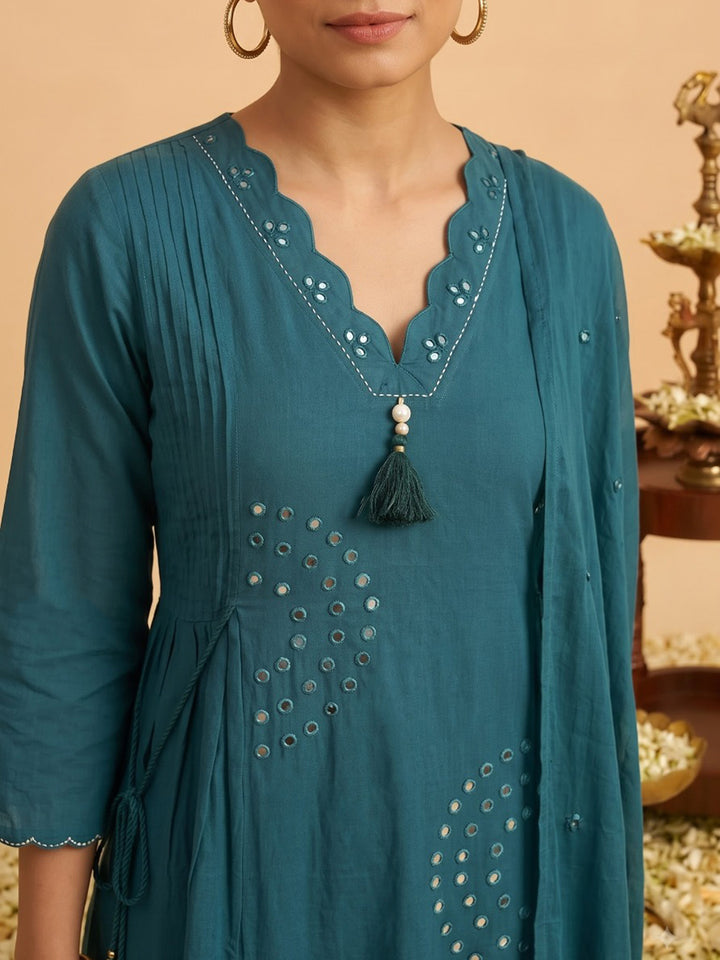Teal Blue Printed Cotton Blend Kurta With Pant &amp; Dupatta