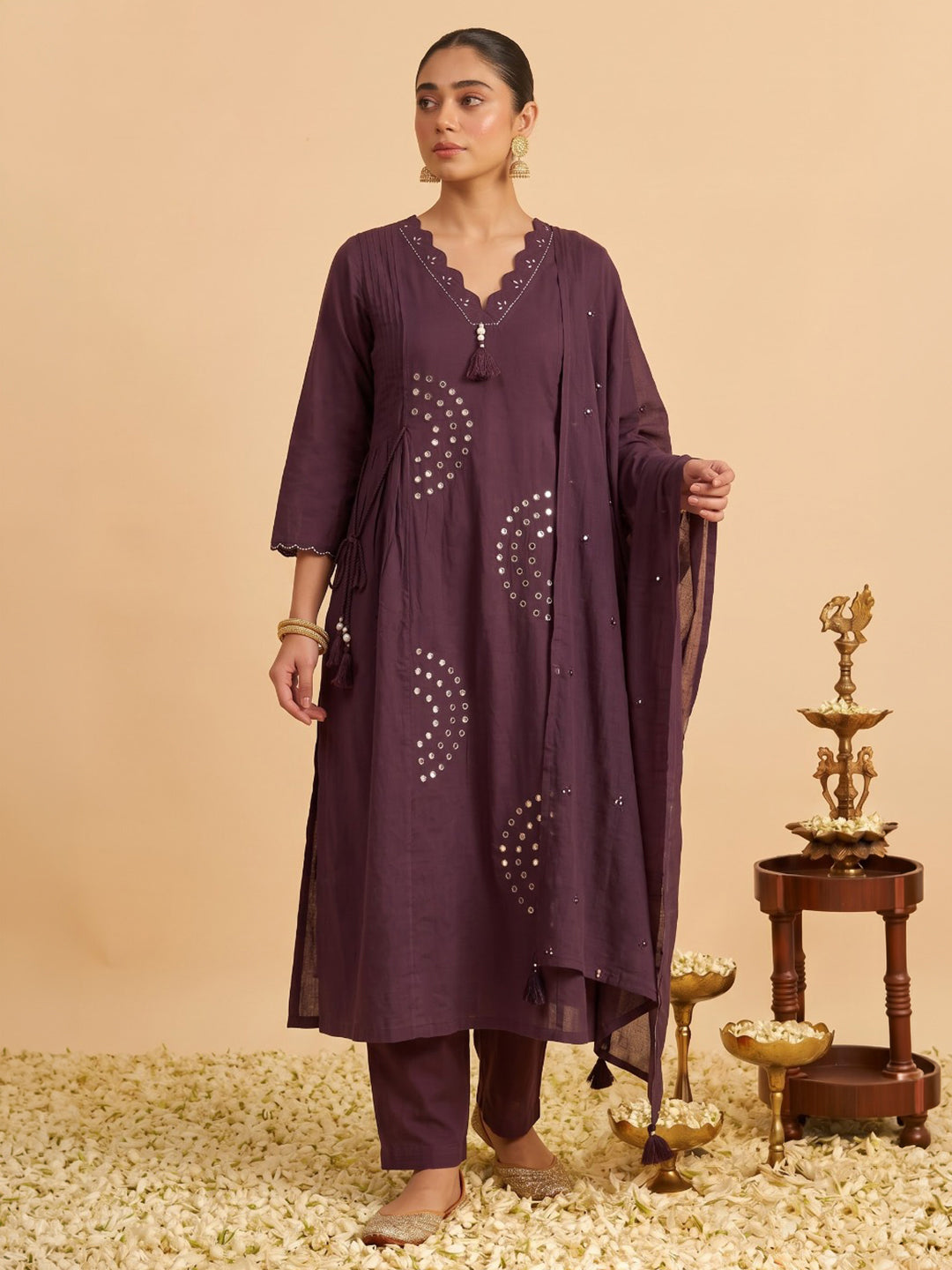 Wine Printed Cotton Blend Kurta With Pant &amp; Dupatta