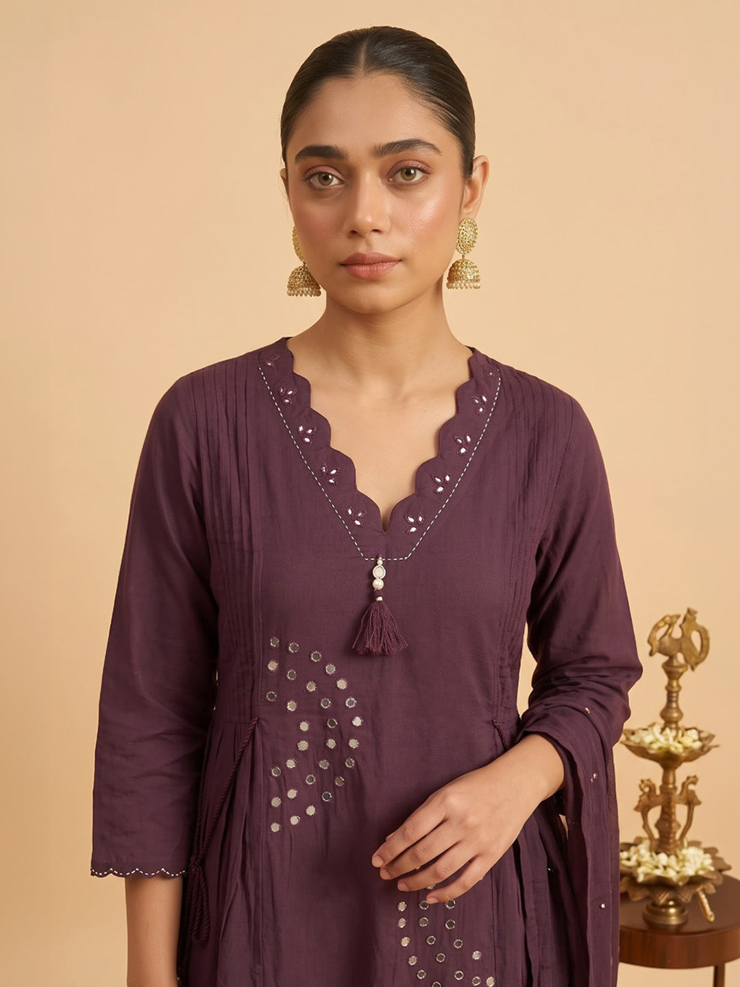 Wine Printed Cotton Blend Kurta With Pant &amp; Dupatta