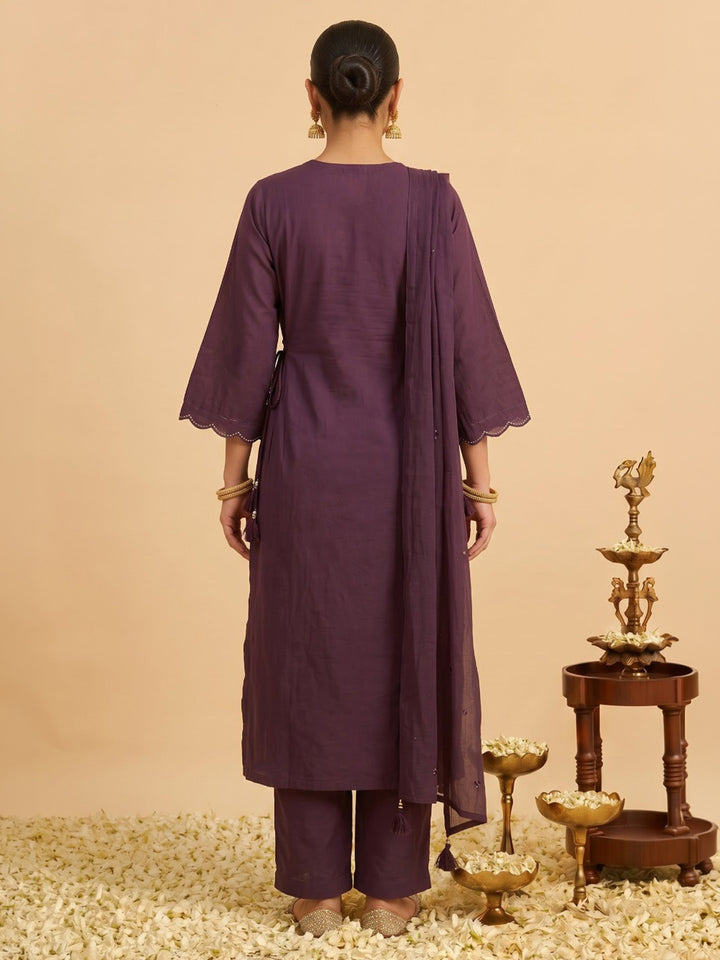 Wine Printed Cotton Blend Kurta With Pant &amp; Dupatta