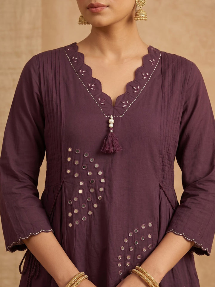 Wine Printed Cotton Blend Kurta With Pant &amp; Dupatta