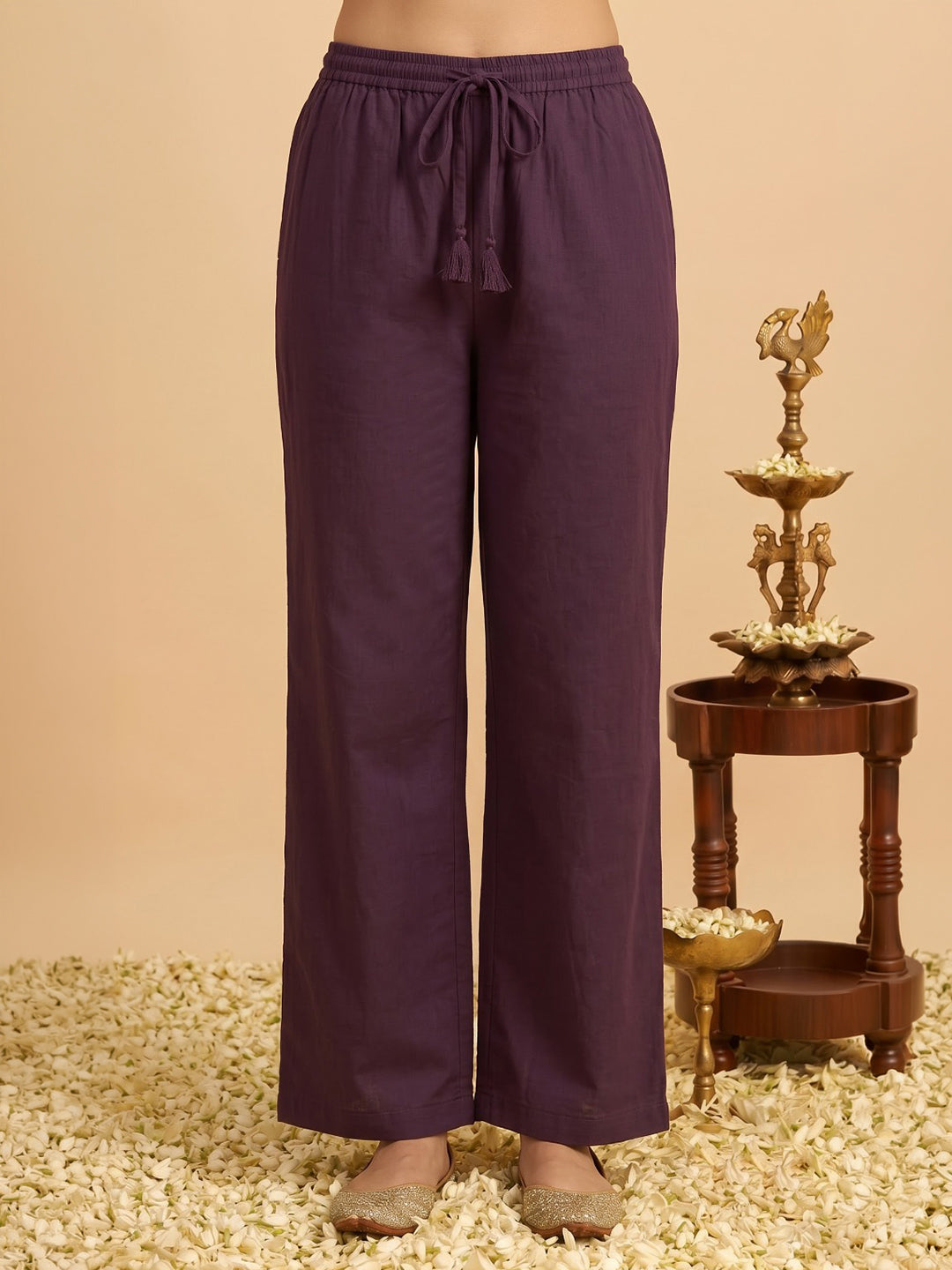 Wine Printed Cotton Blend Kurta With Pant &amp; Dupatta