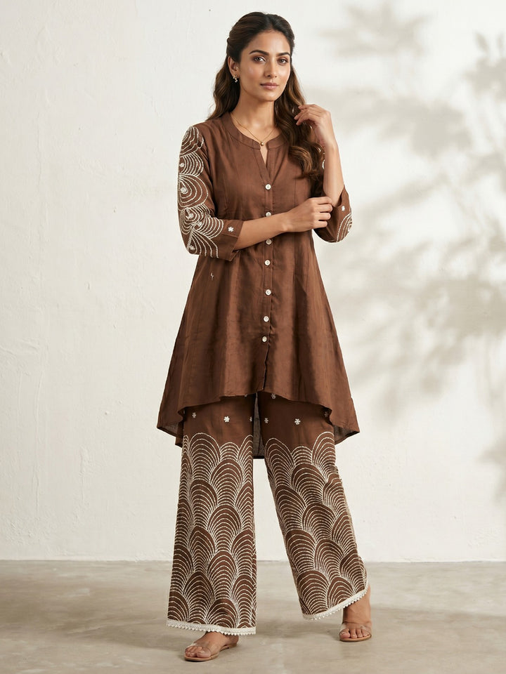 Brown Embroidered Cotton Blend Round Neck Straight Kurta With Pant