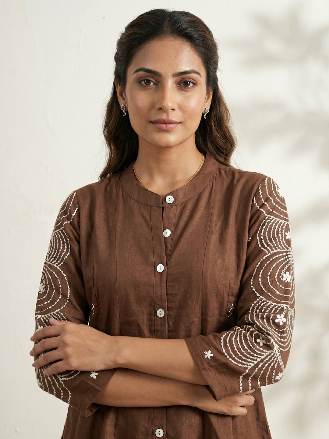 Brown Embroidered Cotton Blend Round Neck Straight Kurta With Pant