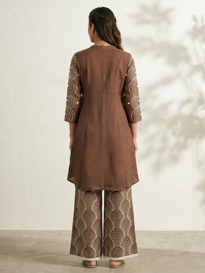 Brown Embroidered Cotton Blend Round Neck Straight Kurta With Pant