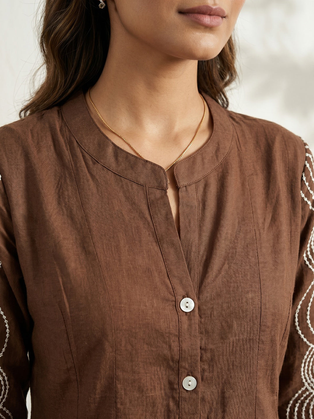 Brown Embroidered Cotton Blend Round Neck Straight Kurta With Pant