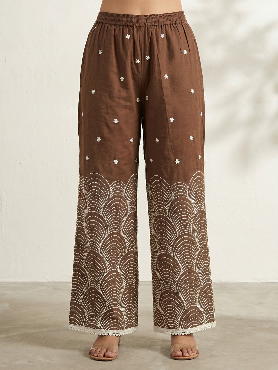 Brown Embroidered Cotton Blend Round Neck Straight Kurta With Pant