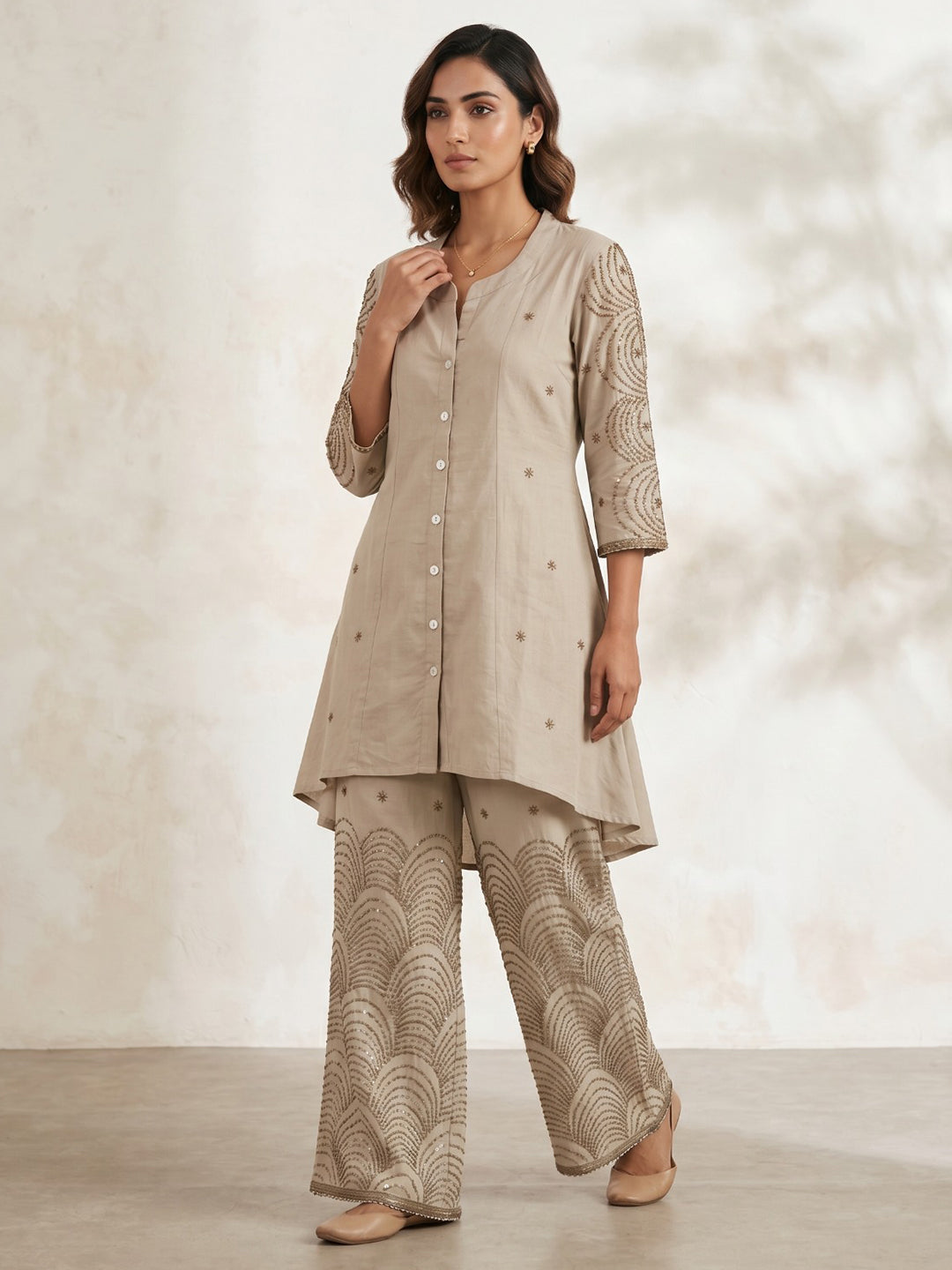 Cream Embroidered Cotton Blend Round Neck Straight Kurta With Pant