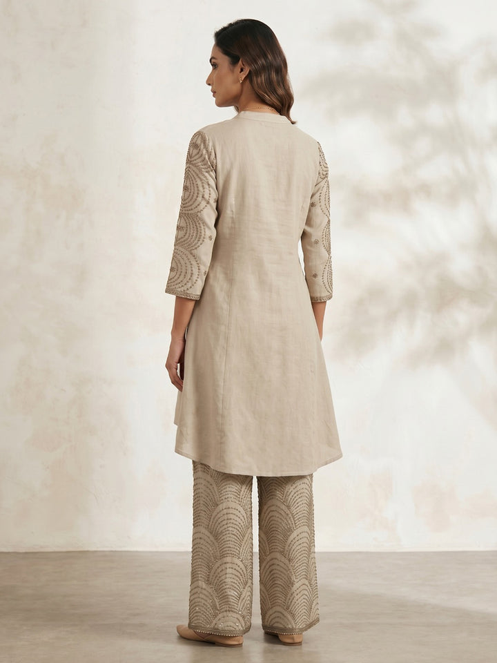 Cream Embroidered Cotton Blend Round Neck Straight Kurta With Pant