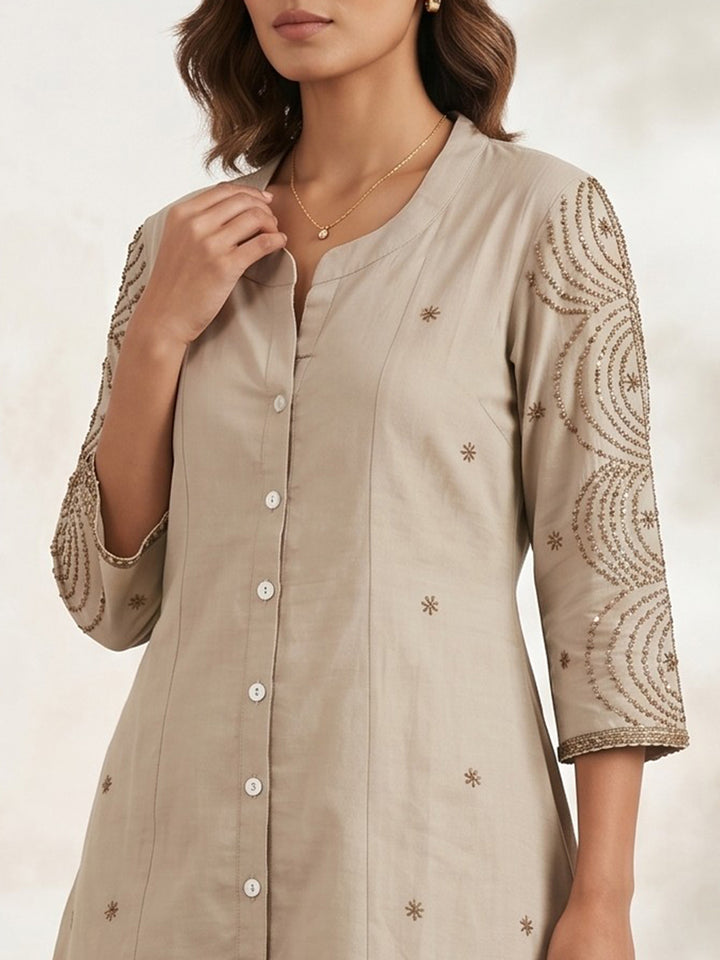 Cream Embroidered Cotton Blend Round Neck Straight Kurta With Pant