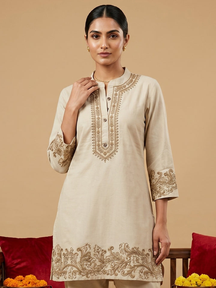Beige Embroidered Cotton Blend Round Neck Straight Kurta With Pant