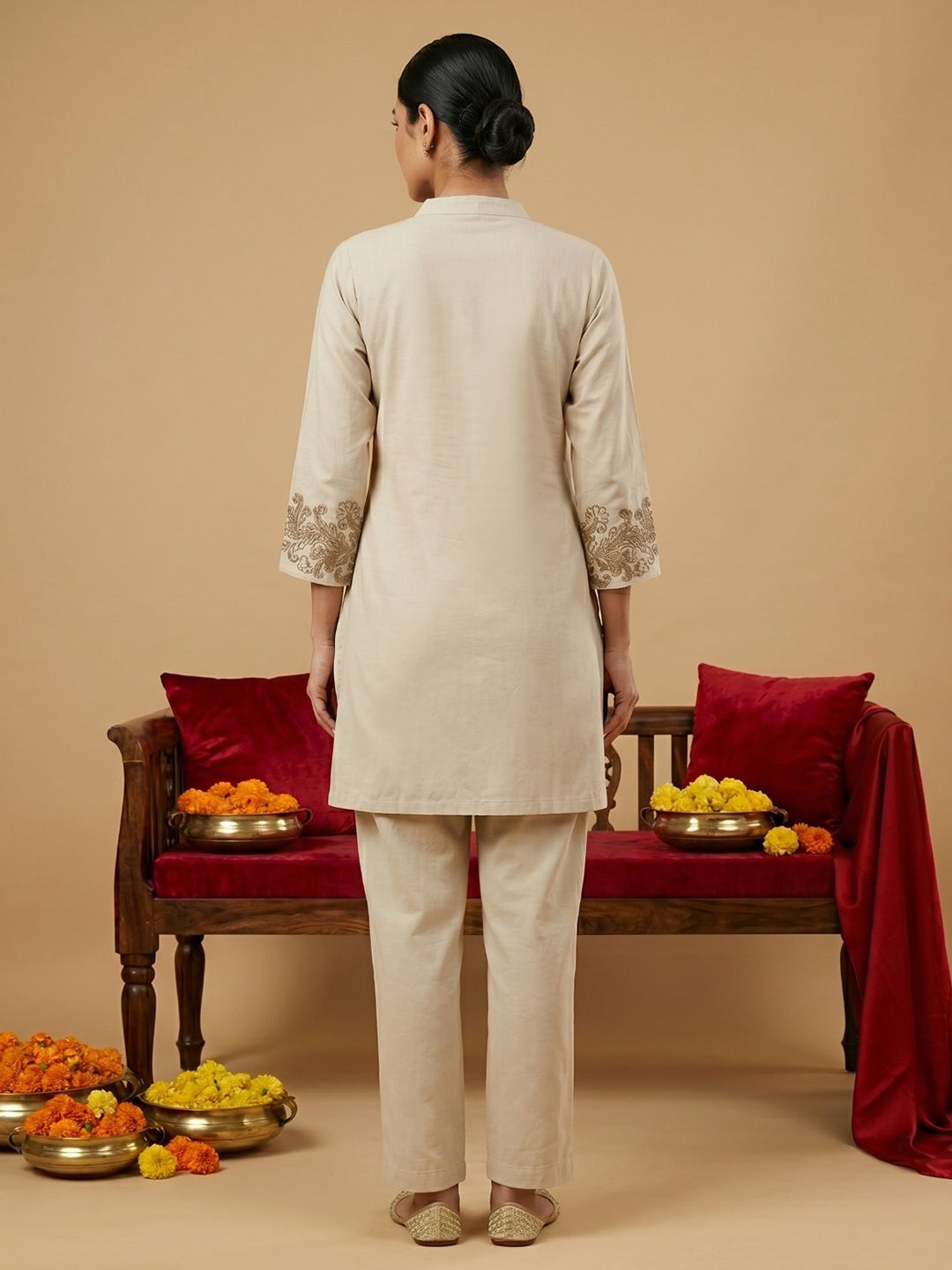 Beige Embroidered Cotton Blend Round Neck Straight Kurta With Pant