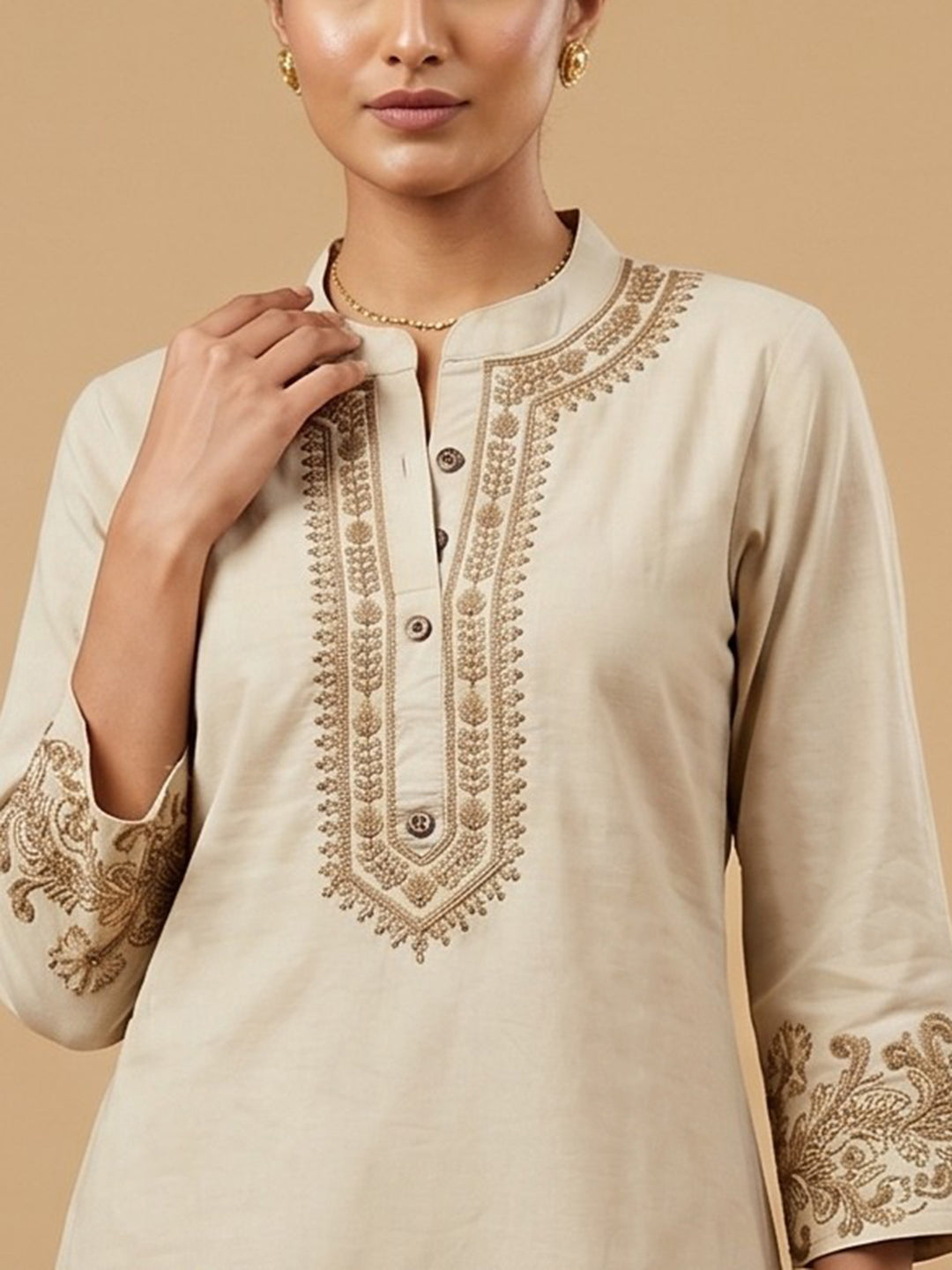 Beige Embroidered Cotton Blend Round Neck Straight Kurta With Pant