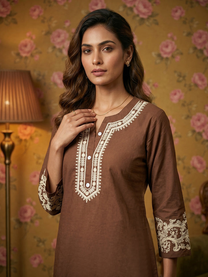 Brown Embroidered Cotton Blend Round Neck Straight Kurta With Pant