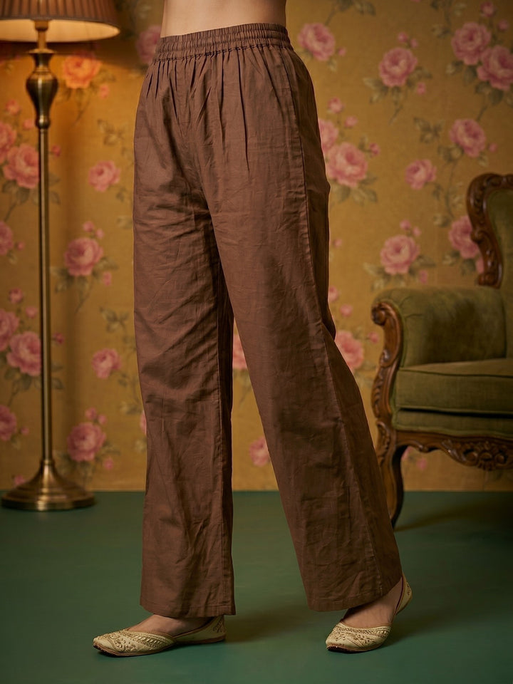 Brown Embroidered Cotton Blend Round Neck Straight Kurta With Pant