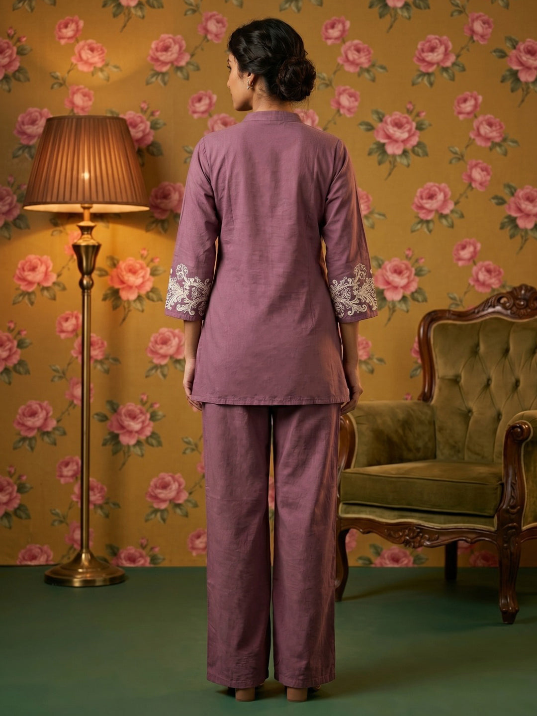 Purple Embroidered Cotton Blend Round Neck Straight Kurta With Pant