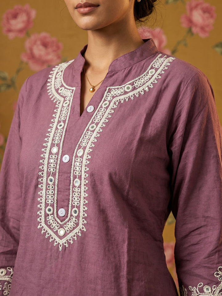 Purple Embroidered Cotton Blend Round Neck Straight Kurta With Pant