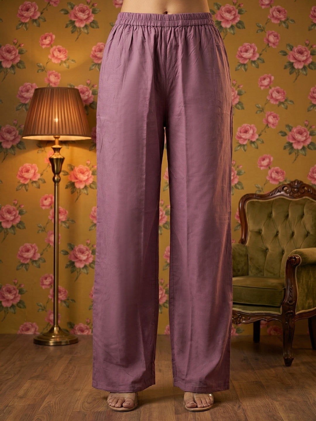 Purple Embroidered Cotton Blend Round Neck Straight Kurta With Pant