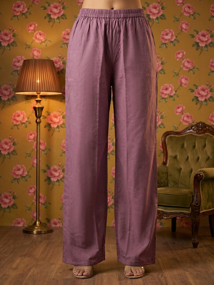 Purple Embroidered Cotton Blend Round Neck Straight Kurta With Pant