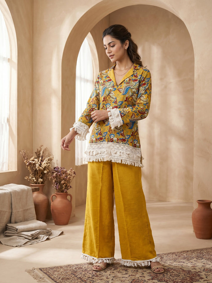 Yellow Printed Cotton Blend V Neck Kurta Set
