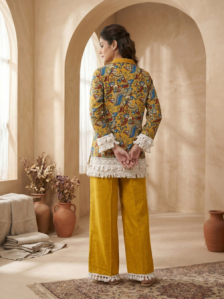 Yellow Printed Cotton Blend V Neck Kurta Set
